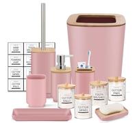 IMAVO Pink Bathroom Set, 10 Pcs Plastic Gift Set, 4 Qtip Dispenser, Toothbrush Cup, Soap Dispenser, Soap Dish, Toilet Brush Holder, Trash Can, Toothbrush Holder