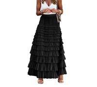 Imbry Maxi Skirts for Women Long Tiered Skirts Pleated Skirts Puffy Princess Party Tulle Skirt (M,Black)