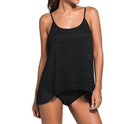 Imbry Women's Mesh 2 Pieces Tankini with Shorts Swimming Costume Plus Size(XXL,Black)
