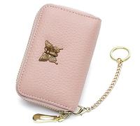 imeetu RFID Credit Card Holder for Women Genuine Leather Card Case Wallet with Zipper and Removable Keychain, Pink, S, Credit Card Case Wallet