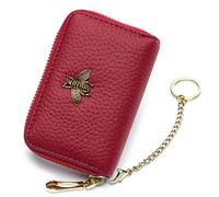 imeetu RFID Credit Card Holder, Small Leather Zipper Card Case Wallet for Women, A-Red(ID Windows+Key Chain), Classic