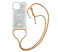 IMEIKONST Compatible with iPhone 13 Mini 5.4 inch Case, Bling Glitter Lanyard Quicksand Liquid Sparkle With Drawstring Necklace Case Silicone TPU Cover for iPhone 13 Mini. Love Silver GS
