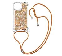 IMEIKONST Compatible with iPhone 13 Mini 5.4 inch Case, Bling Glitter Lanyard Quicksand Liquid Sparkle With Drawstring Necklace Case Silicone TPU Cover for iPhone 13 Mini. Love Gold GS