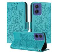 IMEIKONST Compatible with Motorola Moto G05 Case, PU Leather Cell Phone Shell RFID Blocking Card Slots Wallet Case Kickstand Magnetic Flip Cover for Moto E15. Lake Blue Flowers YBH