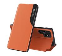 IMEIKONST Compatible with Samsung Galaxy S23 Ultra Case, Bookstyle Clear View Window Flip Foldable Kickstand PC Shell PU Leather Shockproof Protective Flip Cover for Samsung S23 Ultra. Orange QH1