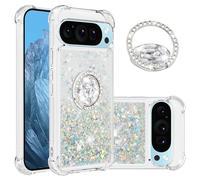 IMEIKONST Glitter Case for Google Pixel 9 Pro XL with Diamonds Ring Kickstand, Liquid Sparkle Sequin Transparent for Women Silicone Bumper Shockproof Cover for Google Pixel 9 Pro XL. Love Silver YBZ