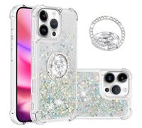 IMEIKONST Glitter Case for iPhone 16 Pro with Diamonds Ring Kickstand, Liquid Sparkle Sequin Transparent Silicone TPU Bumper Shockproof Cover for iPhone 16 Pro. Love Silver YBZ