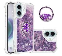 IMEIKONST Glitter Case for iPhone 16, Sparkle Quicksand Clear Slim Fits TPU Bumper Silicone Shell Diamonds Ring Stand Fuction Shockproof Cover for iPhone 16. Love Purple YBZ