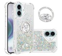 IMEIKONST Glitter Case for iPhone 16 with Diamonds Ring Kickstand, Liquid Sparkle Sequin Transparent Silicone TPU Bumper Shockproof Cover for iPhone 16. Love Silver YBZ