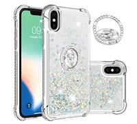 IMEIKONST Glitter Case for iPhone X with Diamonds Ring Kickstand, Liquid Sparkle Sequin Transparent Silicone TPU Bumper Shockproof Cover for iPhone XS/X. Love Silver YBZ