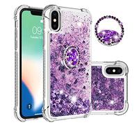 IMEIKONST Glitter Case for iPhone XR, Sparkle Quicksand Clear Slim Fits TPU Bumper Silicone Shell Diamonds Ring Stand Fuction Shockproof Cover for iPhone XR. Love Purple YBZ