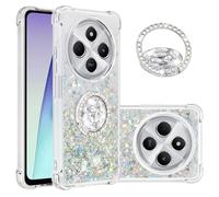 IMEIKONST Glitter Case for Redmi 14C with Diamonds Ring Kickstand, Liquid Sparkle Sequin Transparent Silicone TPU Bumper Shockproof Cover for Redmi 14C. Love Silver YBZ