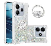 IMEIKONST Glitter Case for Redmi Note 14 5G with Diamonds Ring Kickstand, Liquid Sparkle Sequin Transparent Silicone TPU Bumper Shockproof Cover for Redmi Note 14 5G. Love Silver YBZ