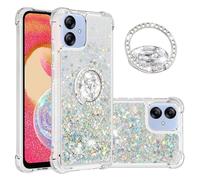 IMEIKONST Glitter Case for Samsung Galaxy A04E with Diamonds Ring Kickstand, Liquid Sparkle Sequin Transparent Silicone TPU Bumper Shockproof Cover for Samsung M04 / F04. Love Silver YBZ