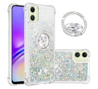 IMEIKONST Glitter Case for Samsung Galaxy A06 with Diamonds Ring Kickstand, Liquid Sparkle Sequin Transparent Silicone TPU Bumper Shockproof Cover for Samsung A06. Love Silver YBZ