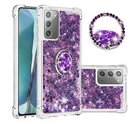 IMEIKONST Glitter Case for Samsung Galaxy Note 20, Sparkle Quicksand Clear Slim Fits TPU Bumper Silicone Shell Diamonds Ring Stand Fuction Shockproof Cover for Samsung Note 20. Love Purple YBZ
