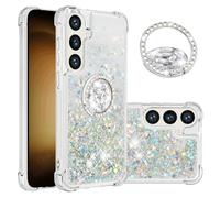IMEIKONST Glitter Case for Samsung Galaxy S24 FE with Diamonds Ring Kickstand, Liquid Sparkle Sequin Transparent Silicone TPU Bumper Shockproof Cover for Samsung S24 FE. Love Silver YBZ