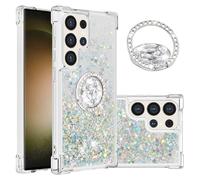 IMEIKONST Glitter Case for Samsung Galaxy S25 Ultra with Diamonds Ring Kickstand, Liquid Sparkle Sequin Transparent Silicone TPU Bumper Shockproof Cover for Samsung S25 Ultra. Love Silver YBZ