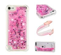 IMEIKONST Glitter Liquid Case for iPod Touch 7/6 / 5 Clear Love Pink YBW | Sparkly Bling Quicksand Flowing Transparent Cover, TPU Bumper Silicone Shockproof Protective, Lovely Case for Women Girls