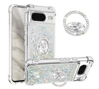IMEIKONST Google Pixel 8 Glitter Case with Diamonds Ring Kickstand, Liquid Sparkle Sequin Transparent for Girls Women Silicone Bumper Shockproof Cover for Google Pixel 8. Love Silver YBZ