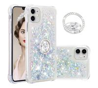 IMEIKONST iPhone 11 Glitter Case with Diamonds Ring Kickstand, Liquid Sparkle Sequin Transparent for Girls Women Silicone TPU Bumper Shockproof Cover for iPhone 11. Love Silver YBZ