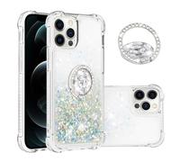 IMEIKONST iPhone 12 Pro Glitter Case with Diamonds Ring Kickstand, Liquid Sparkle Sequin Transparent for Girls Women Silicone TPU Bumper Shockproof Cover for iPhone 12 Pro. Love Silver YBZ