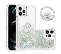 IMEIKONST iPhone 12 Pro Max Glitter Case with Diamonds Ring Kickstand, Liquid Sparkle Sequin Transparent for Girls Women Silicone TPU Bumper Shockproof Cover for iPhone 12 Pro Max. Love Silver YBZ