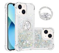 IMEIKONST iPhone 13 Mini Glitter Case with Diamonds Ring Kickstand, Liquid Sparkle Sequin Transparent for Girls Women Silicone TPU Bumper Shockproof Cover for iPhone 13 Mini. Love Silver YBZ