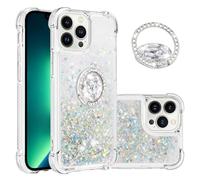 IMEIKONST iPhone 13 Pro Glitter Case with Diamonds Ring Kickstand, Liquid Sparkle Sequin Transparent for Girls Women Silicone TPU Bumper Shockproof Cover for iPhone 13 Pro. Love Silver YBZ