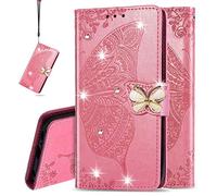 IMEIKONST Nokia C2 2nd Edition Wallet Case with Card Holder, Diamond Embossed Leather Magnetic Flip Kickstand Shockproof Protection Cover for Nokia C2 2nd Edition. Cystal Butterfly Pink SD