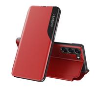 IMEIKONST Phone Case for Samsung Galaxy S23 FE, Transparent Window PC + Premium PU Leather Flip Stand Function Anti-Slip Shockproof Protective Cover for Samsung S23 FE. Red QH1