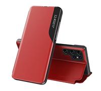 IMEIKONST Phone Case for Samsung Galaxy S23 Ultra, Transparent Window PC + Premium PU Leather Flip Stand Function Shockproof Magnetic Closure Protective Cover for Samsung S23 Ultra. Red QH1
