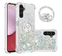 IMEIKONST Samsung Galaxy A14 5G Glitter Case with Diamonds Ring Kickstand, Liquid Sparkle Sequin Transparent for Girls Women Silicone TPU Bumper Shockproof Cover for Samsung A14 4G. Love Silver YBZ