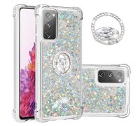 IMEIKONST Samsung Galaxy S20 FE Glitter Case with Diamonds Ring Kickstand, Liquid Sparkle Sequin Transparent for Girls Women Silicone Bumper Shockproof Cover for Samsung S20 FE. Love Silver YBZ