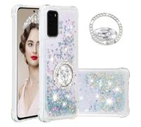 IMEIKONST Samsung Galaxy S20 Glitter Case with Diamonds Ring Kickstand, Liquid Sparkle Sequin Transparent for Girls Women Silicone TPU Bumper Shockproof Cover for Samsung S20. Love Silver YBZ