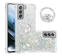 IMEIKONST Samsung Galaxy S21 FE Glitter Case with Diamonds Ring Kickstand, Liquid Sparkle Sequin Transparent for Girls Women Silicone Bumper Shockproof Cover for Samsung S21 FE. Love Silver YBZ