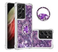 IMEIKONST Samsung Galaxy S21 Ultra Glitter Case, Sparkle Quicksand Clear Slim Fits TPU Bumper Silicone Shell Diamonds Ring Stand Fuction Shockproof Cover for Samsung S21 Ultra. Love Purple YBZ
