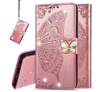 IMEIKONST Wallet Case for Galaxy J4 Prime, Bling Diamond Butterfly Embossed PU Leather Card Slots Holder Magnetic Closure Flip Stand Cover for Samsung Galaxy J4 Plus Cystal Butterfly Rose Gold SD