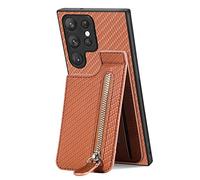 IMEIKONST Wallet Phone Case for Samsung Galaxy S23 Ultra, Leather Magnetic Flip Card Holder Slots Zipper Pocket Kickstand Back Cover Slim TPU Durable Skin Shockproof for Samsung S23 Ultra. Brown SD1
