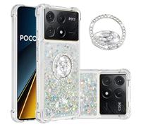 IMEIKONST Xiaomi POCO X6 Pro Glitter Case with Diamonds Ring Kickstand, Liquid Sparkle Sequin Transparent for Girls Women Silicone Bumper Shockproof Cover for Xiaomi POCO X6 Pro. Love Silver YBZ