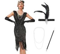IMEKIS 1920s Flapper Dress for Women Sequin Tassel Fringe Great Gatsby Dress Sleeveless V Neck Vintage Cocktail Party Dress with Accessory Black M