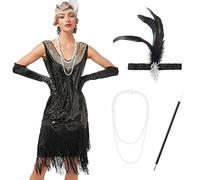 IMEKIS 1920s Flapper Dress for Women Sequin Tassel Fringe Great Gatsby Dress Sleeveless V Neck Vintage Cocktail Party Dress with Accessory Black+Gold S