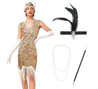 IMEKIS 1920s Flapper Dress for Women Sequin Tassel Fringe Great Gatsby Dress Sleeveless V Neck Vintage Cocktail Party Dress with Accessory Gold M