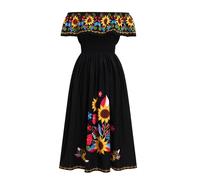 IMEKIS Floral Print Mexican Fiesta Dress for Women Halloween Costume Sleeveless Off Shoulder Shirred Boho Summer Long Dress Adult Fancy Senorita Cinco De Mayo Outfit Black S