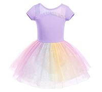 IMEKIS Girls' Ballet Dress Cotton Gymnastics Jersey Dance Bodysuit Tutu with Rainbow Butterfly Tulle Skirt Short Sleeve Backless Ballerina Dancewear Costume, purple, 7-8 Years