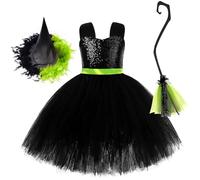 IMEKIS Girls Halloween Witch Costume Kid Evil Queen Cosplay Dress Up Crochet Ruffle Tulle Tutu Dress + Hat +Broom 3 PCS Outfits for Birthday Festival Carnival Party Green+Black 9-10 Years