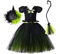 IMEKIS Girls Halloween Witch Costume Kid Evil Queen Cosplay Dress Up Crochet Ruffle Tulle Tutu Dress + Hat +Broom 3 PCS Outfits for Birthday Festival Carnival Party Black+Green 5-6 Years