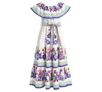 IMEKIS Girls Mexican Dress Off Shoulder Floral Print Ruffle Maxi Boho Summer Dresses Kids Cinco De Mayo Fiesta Day of The Dead Halloween Carnival Festival Costume White+Blue 11-12 Years