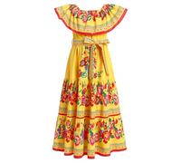 IMEKIS Girls Mexican Dress Off Shoulder Floral Print Ruffle Maxi Boho Summer Dresses Kids Cinco De Mayo Fiesta Day of The Dead Halloween Carnival Festival Costume Yellow 5-6 Years