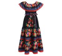 IMEKIS Girls Mexican Dress Off Shoulder Floral Print Ruffle Maxi Boho Summer Dresses Kids Cinco De Mayo Fiesta Day of The Dead Halloween Carnival Festival Costume Black 11-12 Years